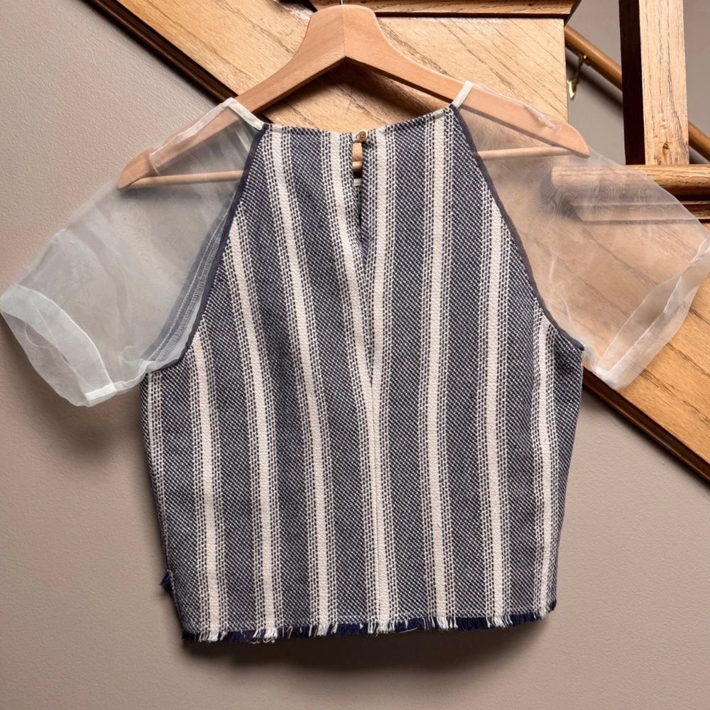 Greylin Anthropologie Boho Linen Cotton Crop Top M Sheer Sleeves Organza Coastal - Picture 4 of 11